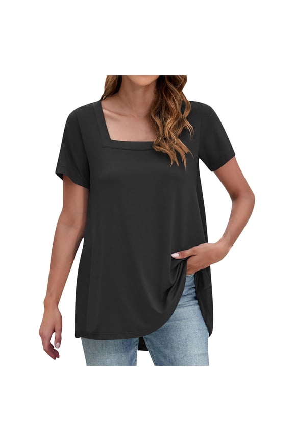Plus Size Top for Women Short Sleeve Square Neck T Shirt Tunic Casual Loose Soft Tee Shirt