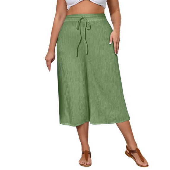 yillto Plus Size Women Capris Pant Wide Leg Loose Cropped Pants High Waist Drawstring Capri Trousers