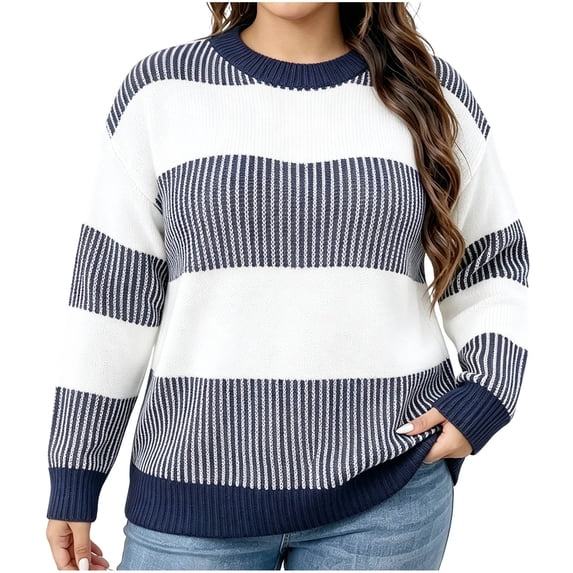 yillto Plus Size Women Sweater Color Block Striped Fashion Crew Neck Pullover Knit Loose Sweaters