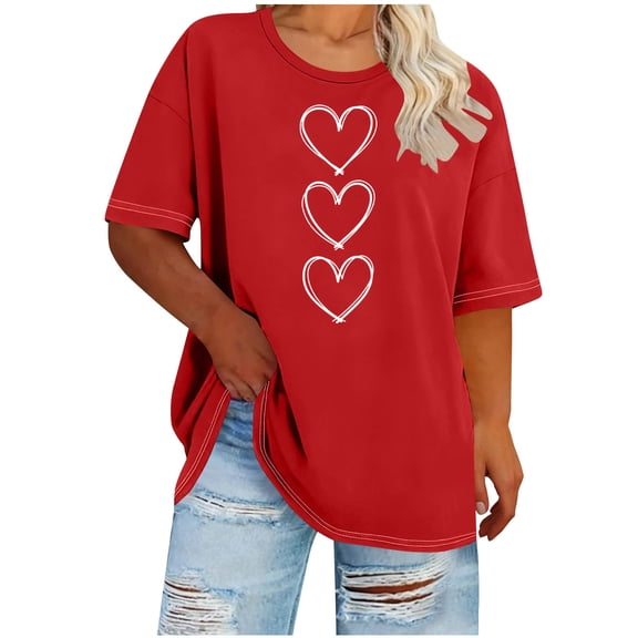 yillto Plus Size Women Valentines Day Blouse Loose Short Sleeve Tunic Tops Heart Graphic Crewneck Summer Shirts