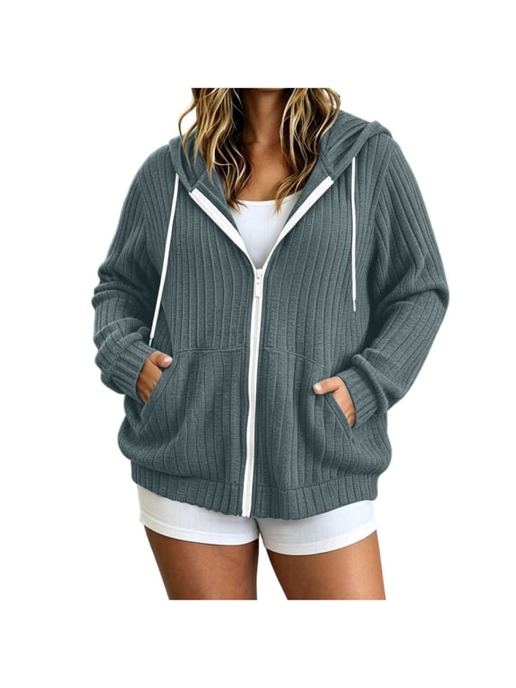 Plus Size Womens Caots Knit Zip up Hooded Long Sleeve Jackets Ribbed Textured Loose Jackets