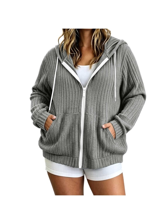 Plus Size Womens Caots Knit Zip up Hooded Long Sleeve Jackets Ribbed Textured Loose Jackets