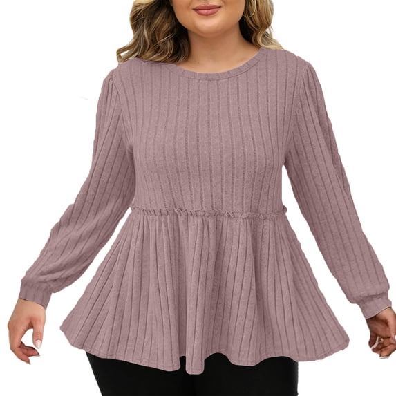 yillto Plus Size Womens Sweaters Long Sleeve Ribbed Knit Lightweight Ruffle Hem Fashion Tunics Tops