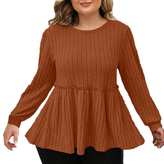 yillto Plus Size Womens Sweaters Long Sleeve Ribbed Knit Lightweight Ruffle Hem Fashion Tunics Tops