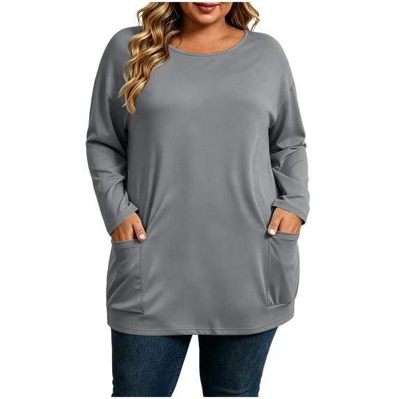 yillto S-5XL Womens Tops Basic Long Sleeve Blouse Fall Trendy Loose Casual Crew Neck Plus Size Top