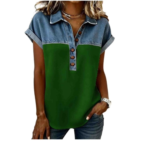 yillto S-5XL Womens Tops Denim Printed Short Sleeve Blouse Summer Trendy Loose Collared V Neck Plus Size Top
