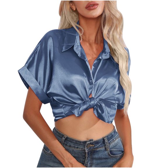 yillto Satin Button down Shirts for Women Short Sleeve Office Blouse Casual Business V Neck Silk Tops