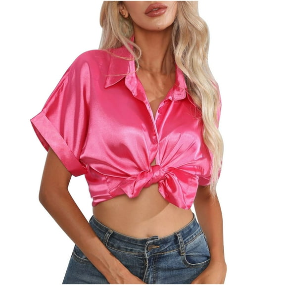 yillto Satin Button down Shirts for Women Short Sleeve Office Blouse Casual Business V Neck Silk Tops