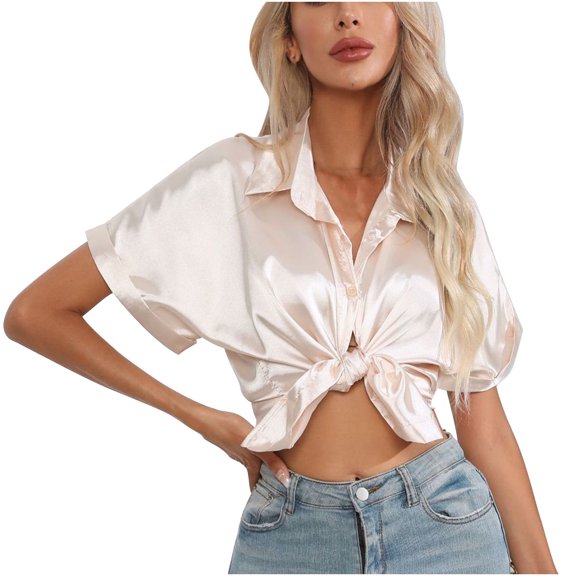 yillto Satin Button down Shirts for Women Short Sleeve Office Blouse Casual Business V Neck Silk Tops