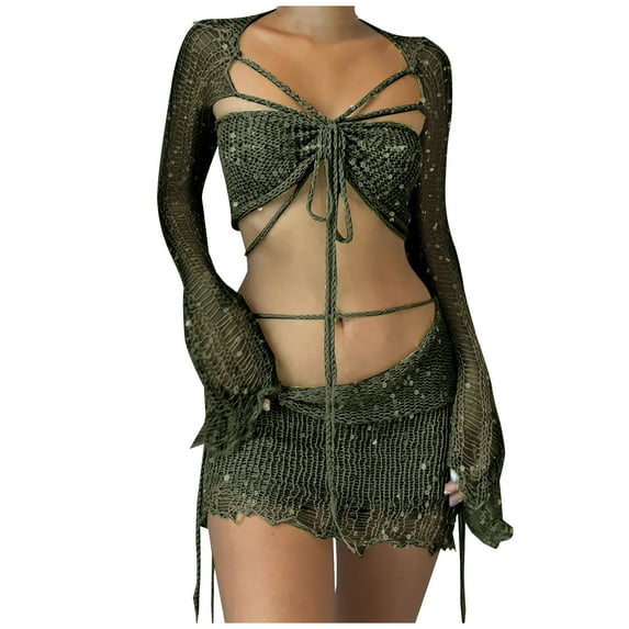 yillto Sequin 2 Piece Outfit for Women Fashion Knit Long Sleeve Top Mini Skirt Set Trendy Party Suit