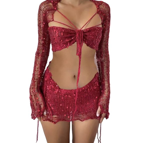 yillto Sequin 2 Piece Outfit for Women Fashion Knit Long Sleeve Top Mini Skirt Set Trendy Party Suit