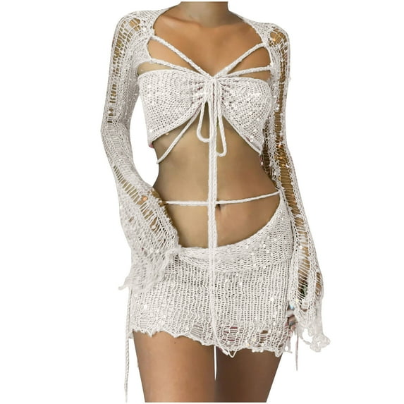 yillto Sequin 2 Piece Outfit for Women Fashion Knit Long Sleeve Top Mini Skirt Set Trendy Party Suit
