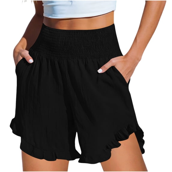 yillto Shorts for Women Summer Beach Vacation Clothes High Elastic Waist Ruffle Shorts with Pockets