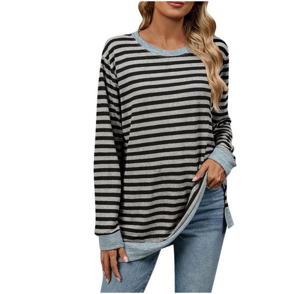 yillto Striped Shirt for Womens Long Sleeve Oversized Tops Casual Loose Crew Neck Split Blouse T Shirts