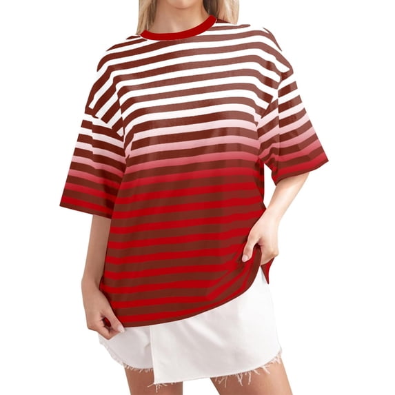yillto Striped Shirts for Womens Oversized Short Sleeve Crewneck Baggy Top Summer Casual Blouse Basic Tee
