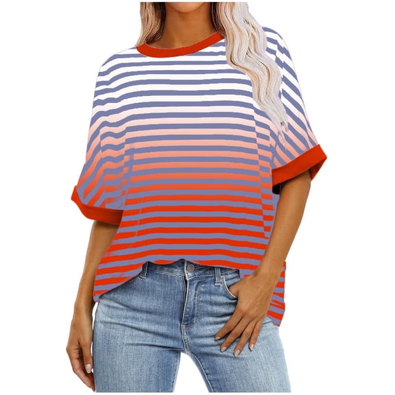 yillto Striped Shirts for Womens Oversized Short Sleeve Crewneck Baggy Top Summer Casual Blouse Basic Tee