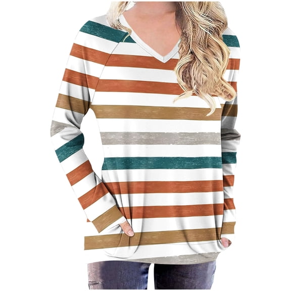 yillto Striped Shirts for Womens V Neck Long Sleeve Color Block Casual Top Fall Tunic Tee with Pockets