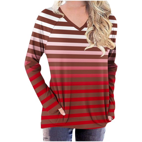 yillto Striped Shirts for Womens V Neck Long Sleeve Color Block Casual Top Fall Tunic Tee with Pockets
