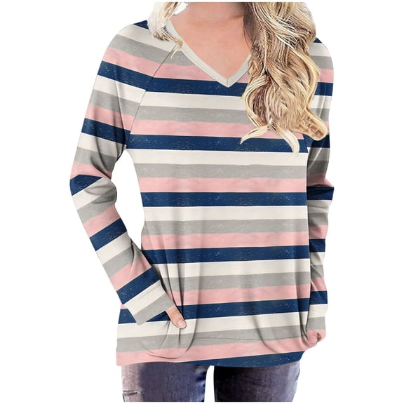 yillto Striped Shirts for Womens V Neck Long Sleeve Color Block Casual Top Fall Tunic Tee with Pockets