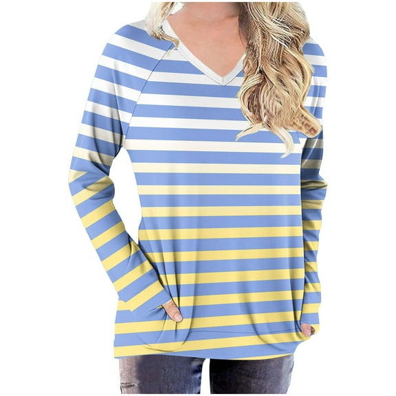 yillto Striped Shirts for Womens V Neck Long Sleeve Color Block Casual Top Fall Tunic Tee with Pockets