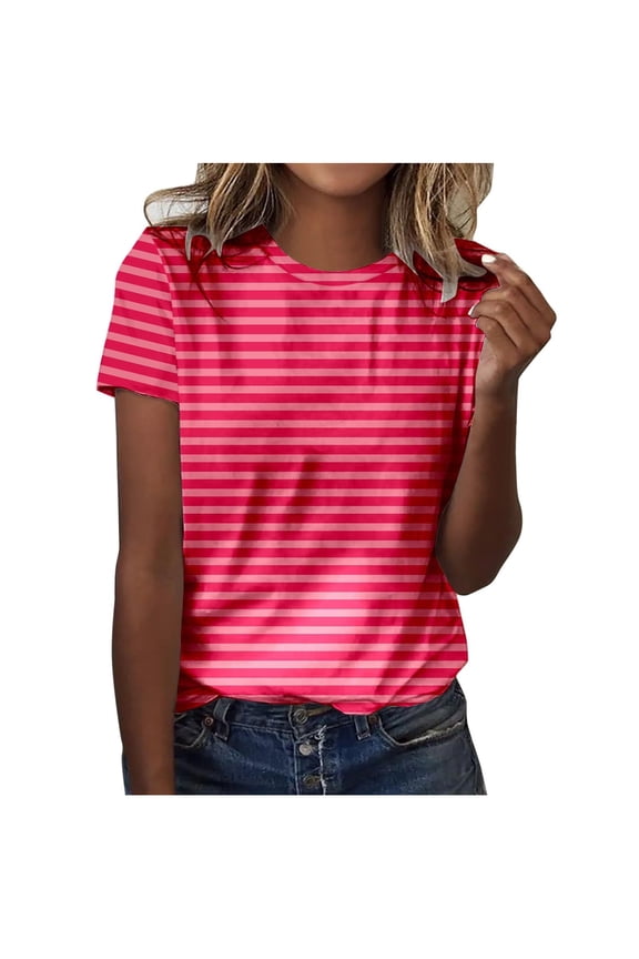 Summer Striped Shirts for Womens Basic Loose Short Sleeve Round Neck Casual Tee Tshirts Tops