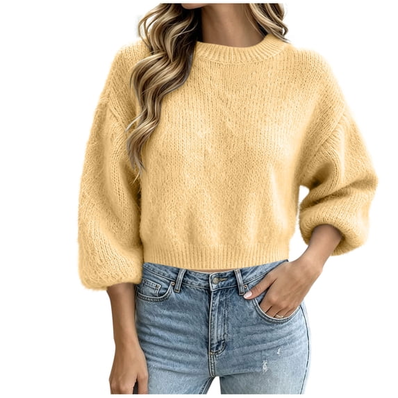 yillto Sweater for Womens Crop Knit Long Sleeve Fuzzy Crew Neck Pullover Warm Fall Winter Outwear