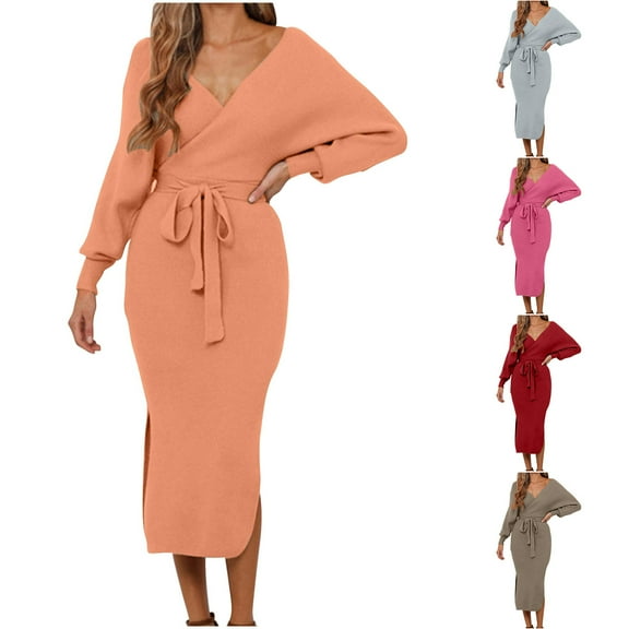 yillto Sweaters Dress for Womens V Neck Wrap Long Sleeve Knitted Split Fall Winter Dresses with Belt