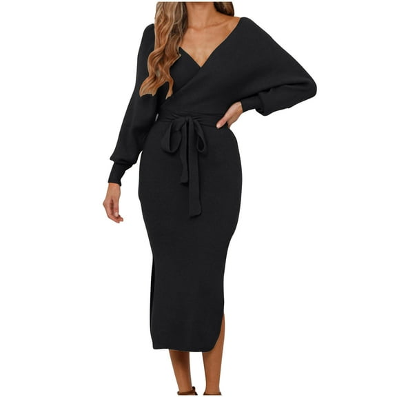 yillto Sweaters Dress for Womens V Neck Wrap Long Sleeve Knitted Split Fall Winter Dresses with Belt