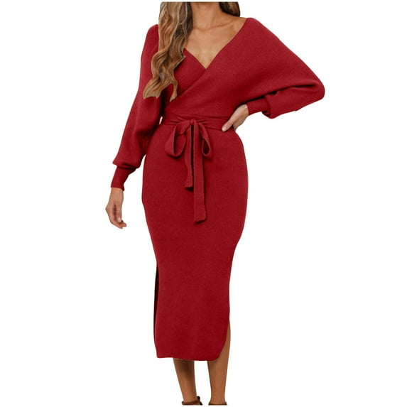 yillto Sweaters Dress for Womens V Neck Wrap Long Sleeve Knitted Split Fall Winter Dresses with Belt
