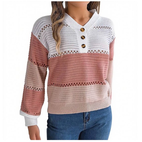 yillto Sweaters for Women V Neck Buttons Block Long Sleeve Knit Fall Sweater Striped Pullover Tops Clothes