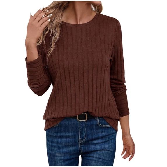yillto Sweaters for Womens Crew Neck Ribbed Knitted Basic Long Sleeve Top Solid Color Fall Fashion Lightweight Sweater