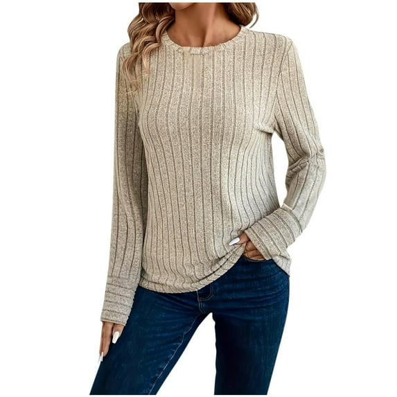 yillto Sweaters for Womens Crew Neck Ribbed Knitted Basic Long Sleeve Top Solid Color Fall Fashion Lightweight Sweater