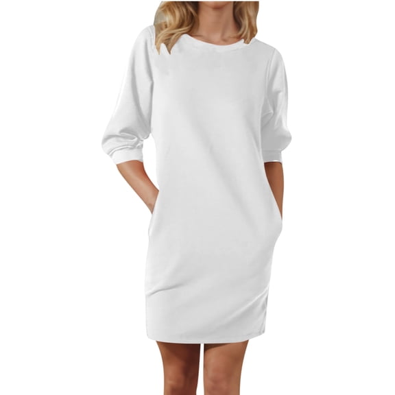 yillto Sweatshirt Dress Womens Long Sleeve Crewneck Pullover Dress Casual Plain Mini Dress with Pockets