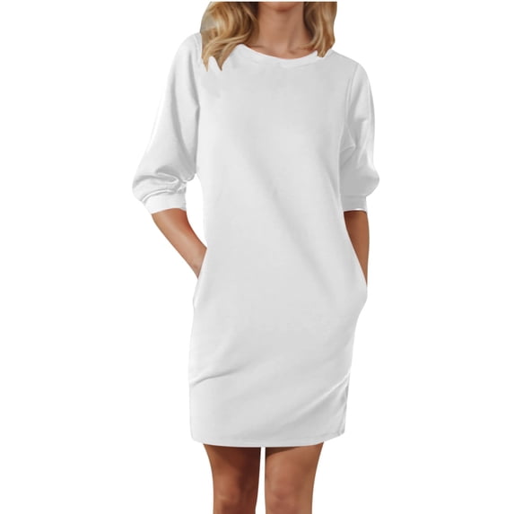 yillto Sweatshirt Dress Womens Long Sleeve Crewneck Pullover Dress Casual Plain Mini Dress with Pockets