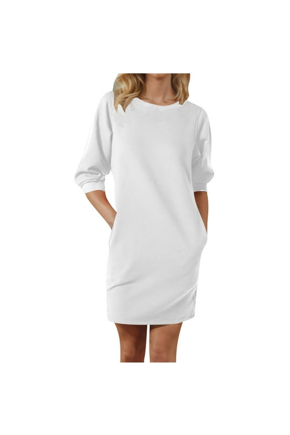 Sweatshirt Dress Womens Long Sleeve Crewneck Pullover Dress Casual Plain Mini Dress with Pockets
