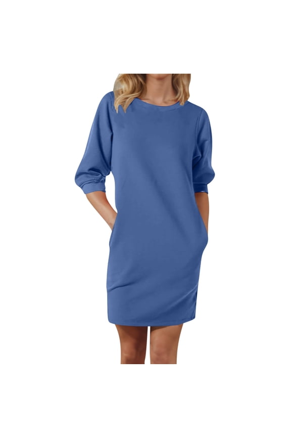 Sweatshirt Dress Womens Long Sleeve Crewneck Pullover Dress Casual Plain Mini Dress with Pockets