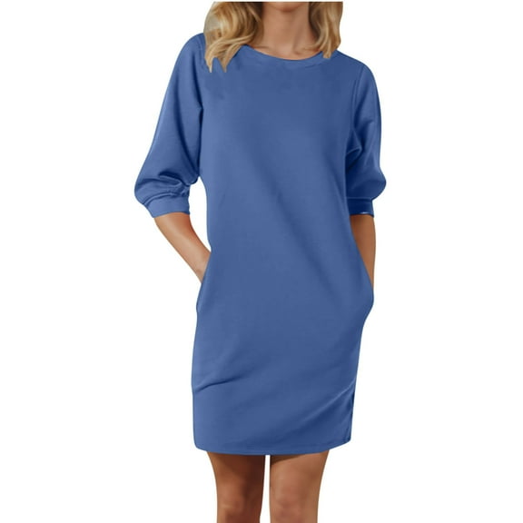 yillto Sweatshirt Dress Womens Long Sleeve Crewneck Pullover Dress Casual Plain Mini Dress with Pockets