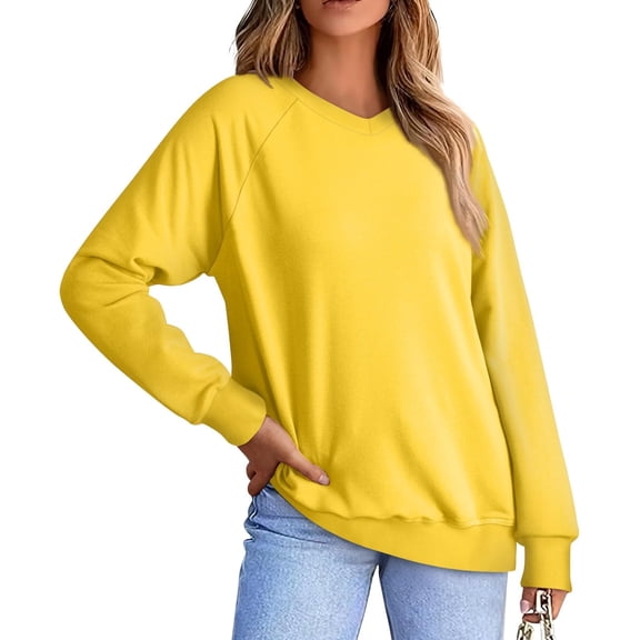 yillto Sweatshirts for Womens Long Sleeve V Neck Pullover Oversized Solid Color Causal Sweatshirt