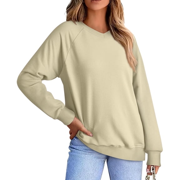 yillto Sweatshirts for Womens Long Sleeve V Neck Pullover Oversized Solid Color Causal Sweatshirt