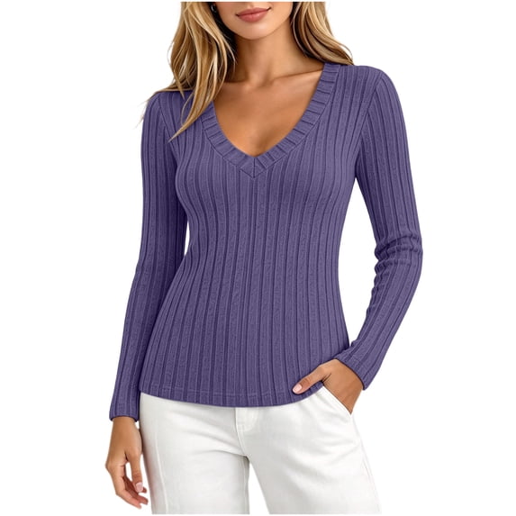 yillto Thin Sweaters for Womens V Neck Long Sleeve Ribbed Blouse Lightweight Knit Fall Sweater Thermal Tops S-2XL