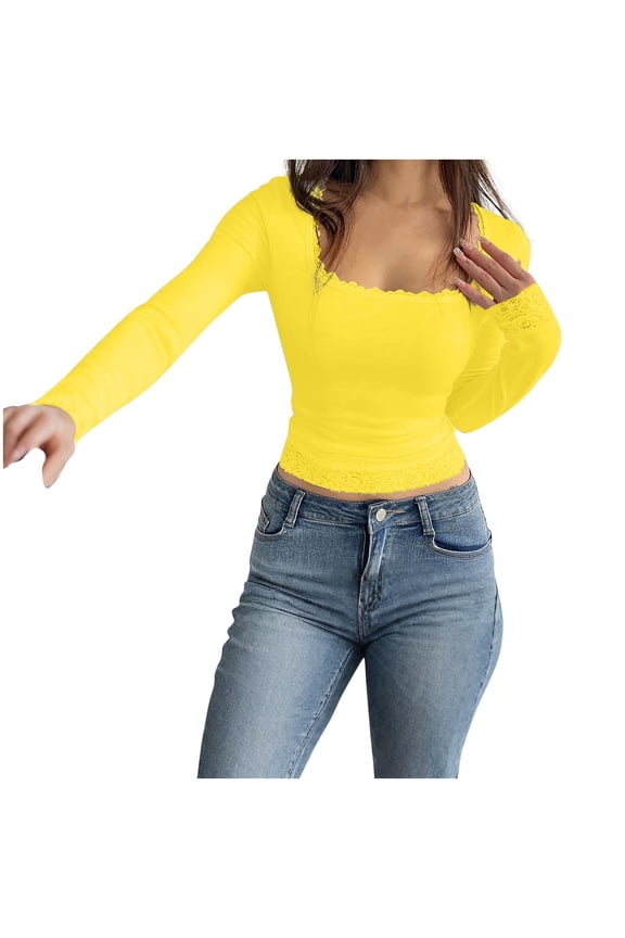 Tight Long Sleeve Shirts for Women Square Neck Crop Slim Undershirts Girls Cute Layer Tee Clothes