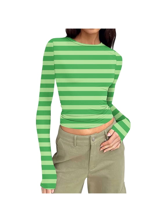 Tight Shirts for Womens Striped Long Sleeve Slim Tee Cropped Tops Crewneck Basic Tshirts Clothes