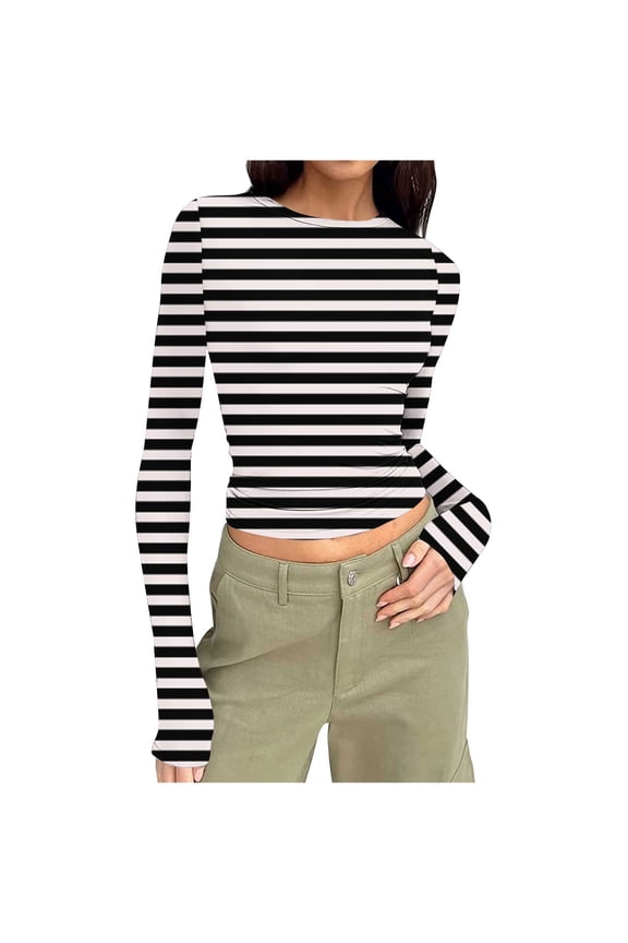 Tight Shirts for Womens Striped Long Sleeve Slim Tee Cropped Tops Crewneck Basic Tshirts Clothes