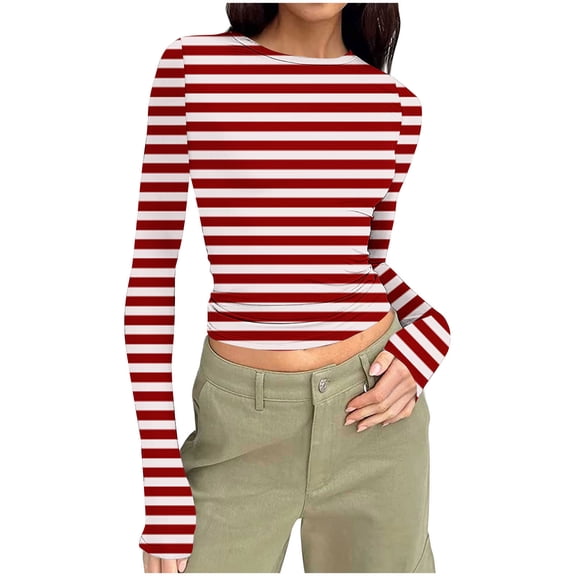yillto Tight Shirts for Womens Striped Long Sleeve Slim Tee Cropped Tops Crewneck Basic Tshirts Clothes