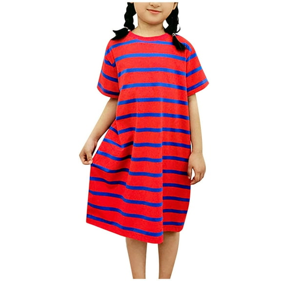 yillto Toddler Girl Cotton Dress Summer Casual Short Sleeve Crew Neck Basic Loose Striped Shirt Dresses