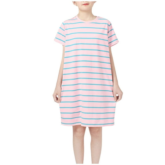 yillto Toddler Girl Cotton Dress Summer Casual Short Sleeve Crew Neck Basic Loose Striped Shirt Dresses