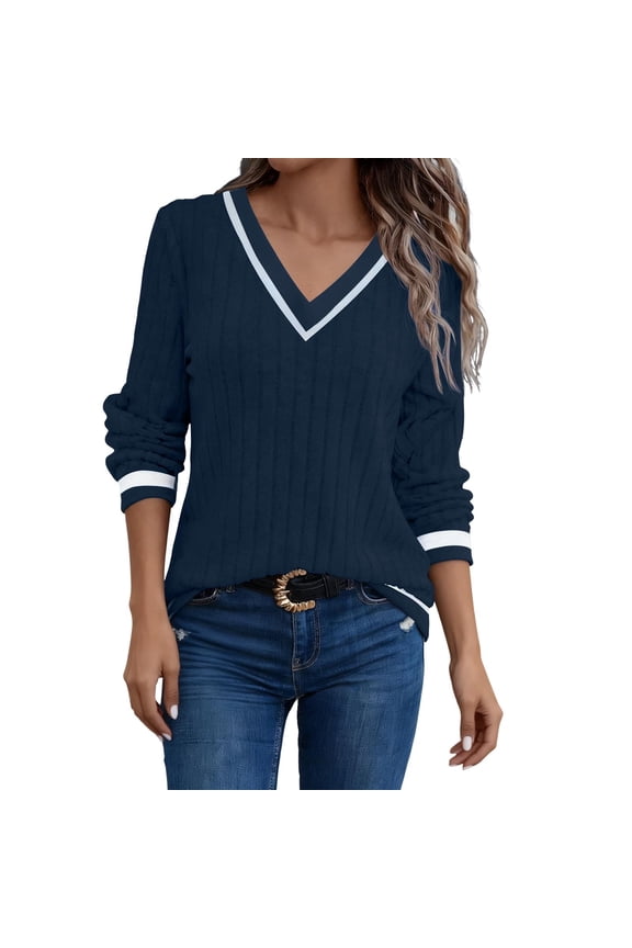 V Neck Sweaters for Womens Ribbed Knit Long Sleeve Tunic Tops Dressy Casual Lightweight Sweater