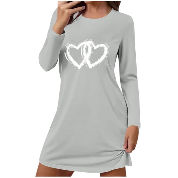 yillto Valentine's Day Nightdress for Women's Heart Printed Long Sleeve Sleepwear Loose Nightgowns
