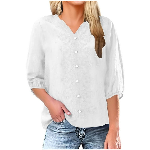 yillto Women 3/4 Sleeve Tops Cotton Linen V Neck Spring Summer Vacation Beach Shirt Casual Loose Outfits