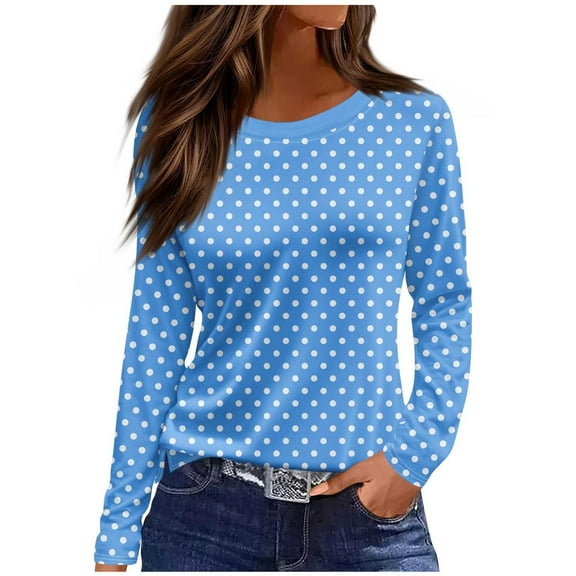 yillto Women Basic Long Sleeve Tops Polka Dot Crewneck Slim Shirts Casual Business Tunic Blouses Outfits